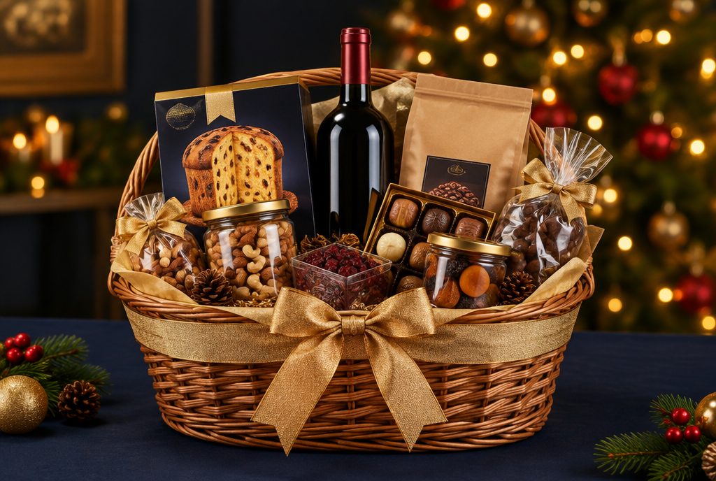 Canasta navideña corporativa con panetón, vino y chocolates